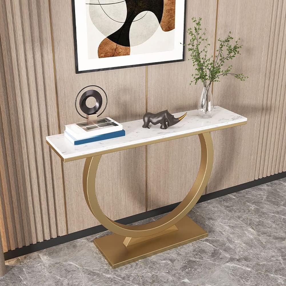 Contemporary Marble Console Table with Artistic Gold Circle Support - Image 3