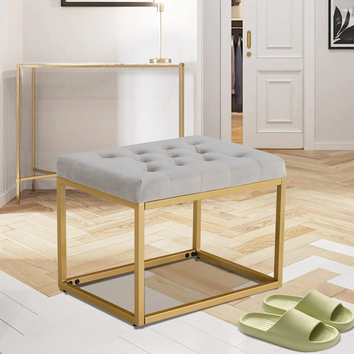 Contemporary Rich Grey Velvet Ottoman Seat with Metal Frame Design