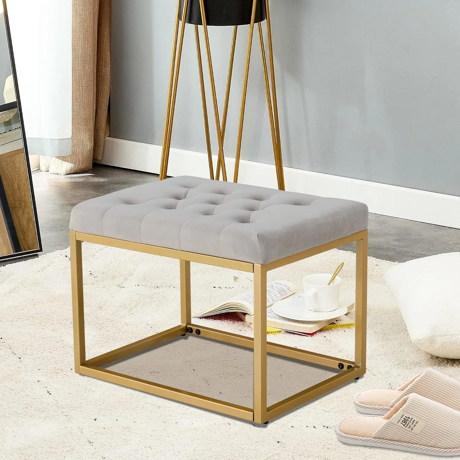 Contemporary Rich Grey Velvet Ottoman Seat with Metal Frame Design - Image 2
