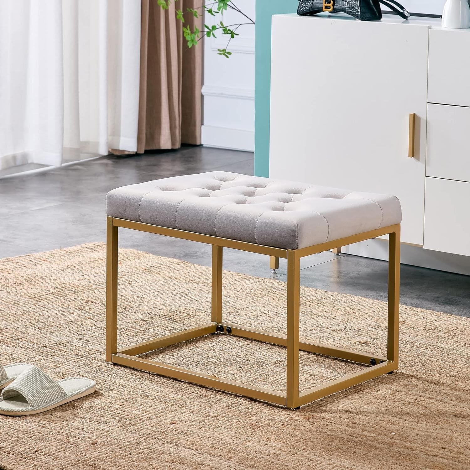 Contemporary Rich Grey Velvet Ottoman Seat with Metal Frame Design - Image 6