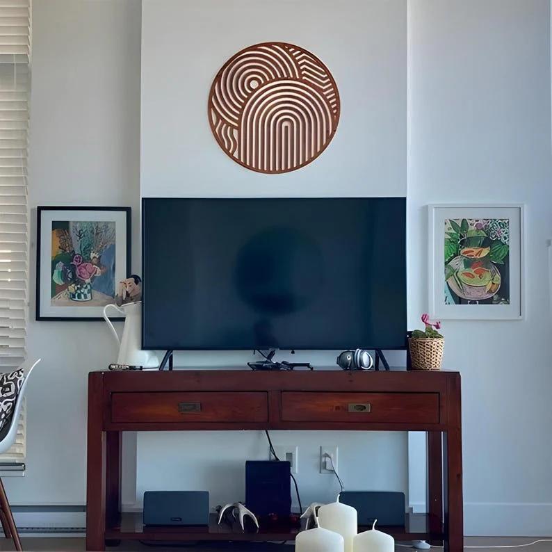 Contemporary Round Wood Wall Accent with Cut-Out Shapes - Image 2