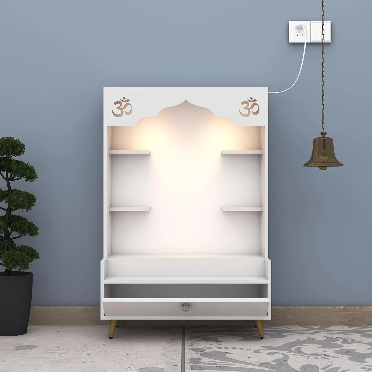 Contemporary White Wooden Floor Pooja Mandir with Open Shelves Om Engraving With Storage Drawer - Image 4
