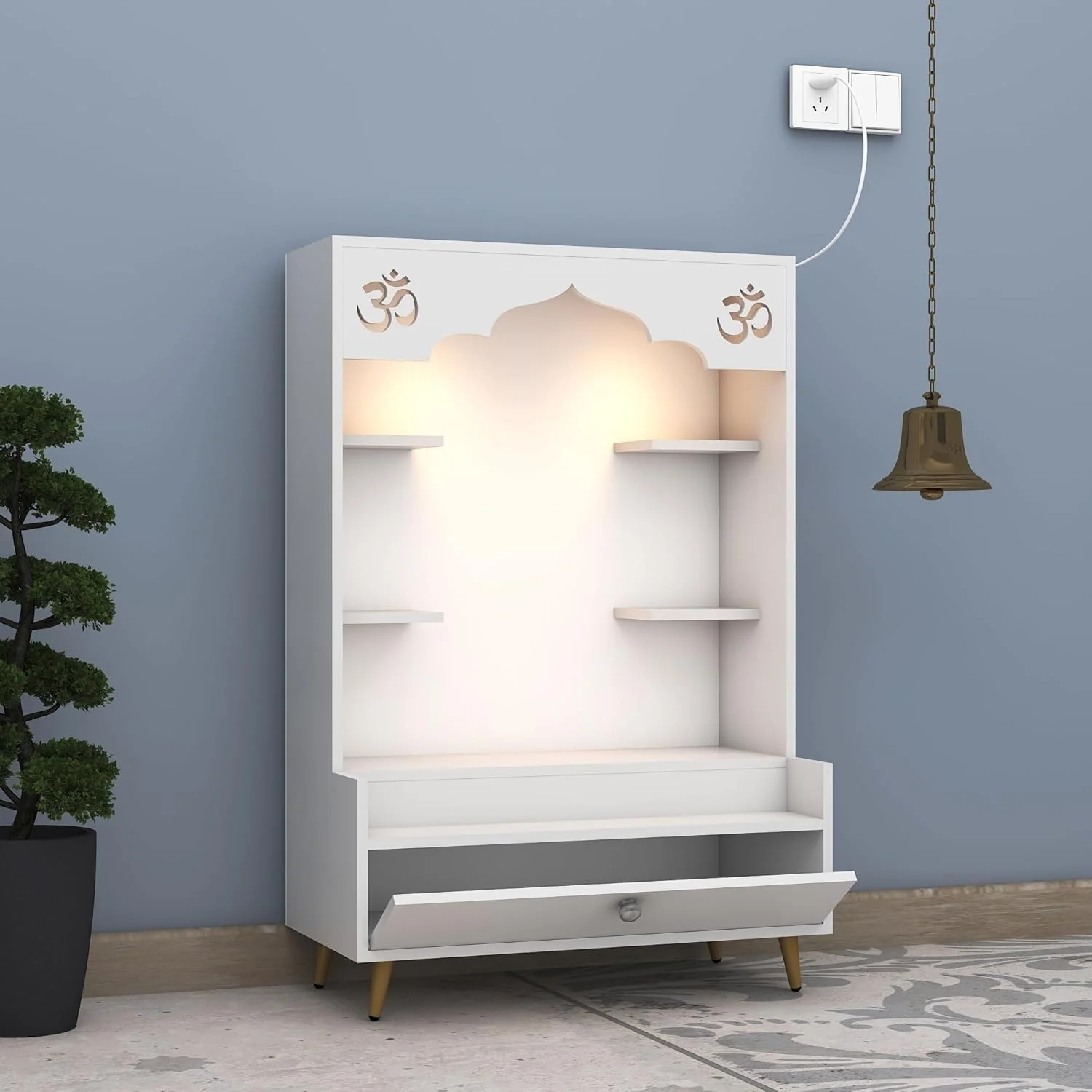 Contemporary White Wooden Floor Pooja Mandir with Open Shelves Om Engraving With Storage Drawer - Image 5