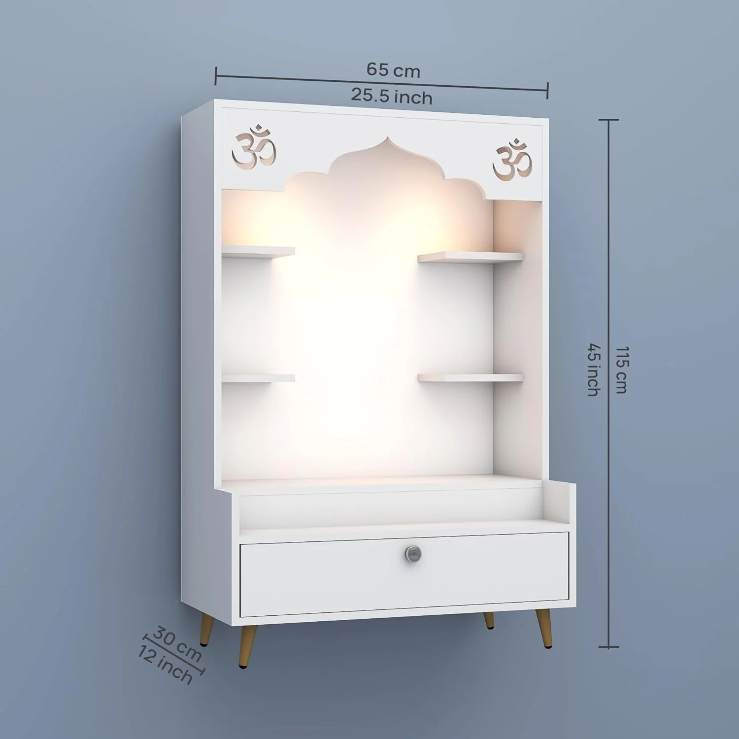 Contemporary White Wooden Floor Pooja Mandir with Open Shelves Om Engraving With Storage Drawer - Image 6