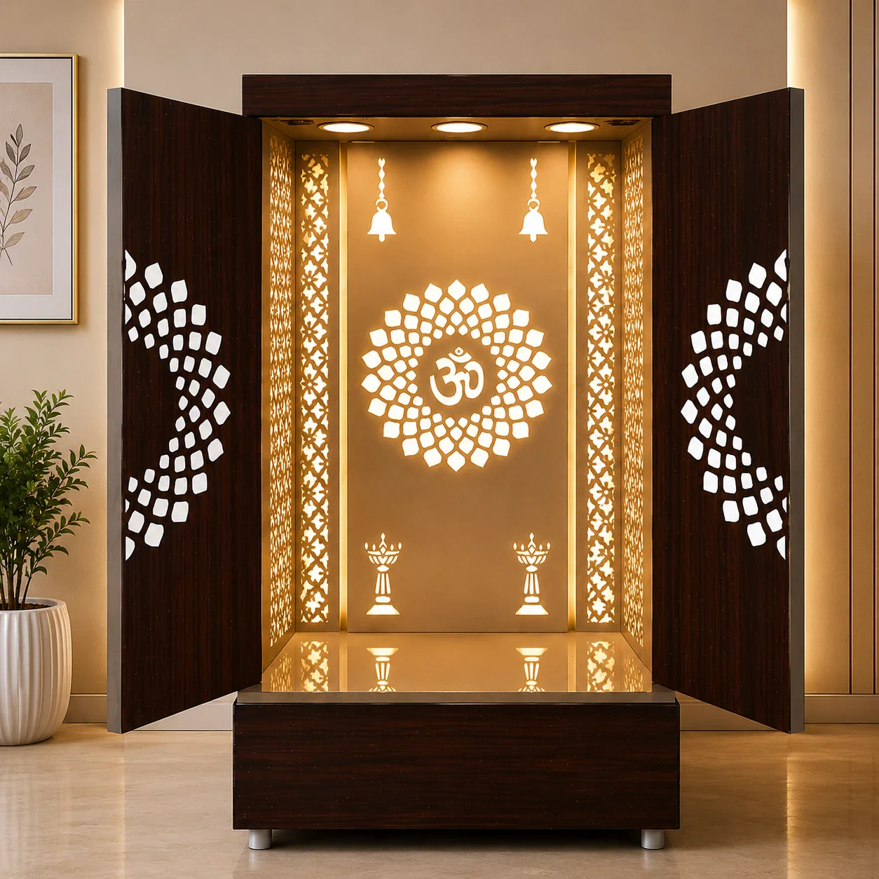 Contemporary Wooden Temple with Illuminated Om and Side Panels
