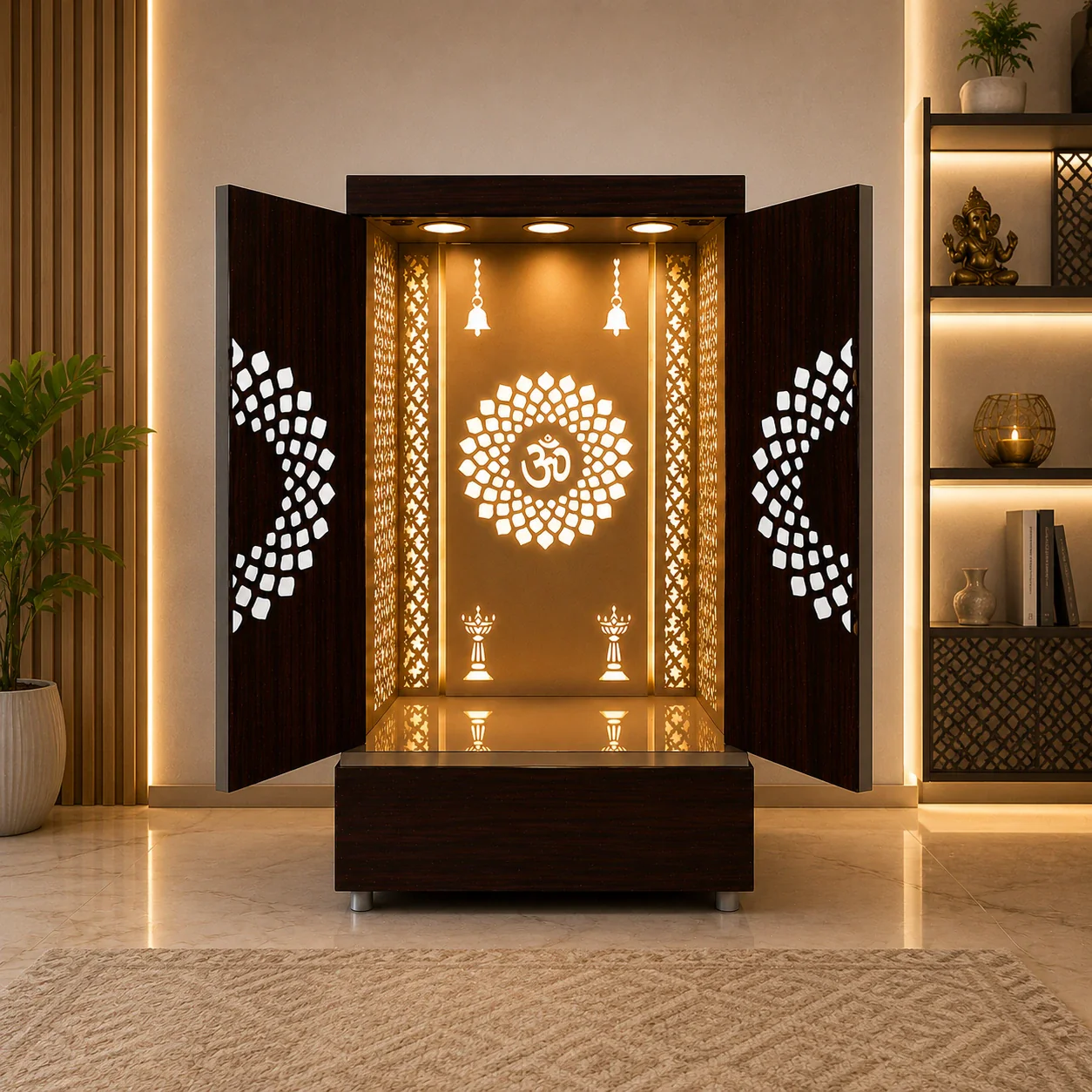 Contemporary Wooden Temple with Illuminated Om and Side Panels - Image 2