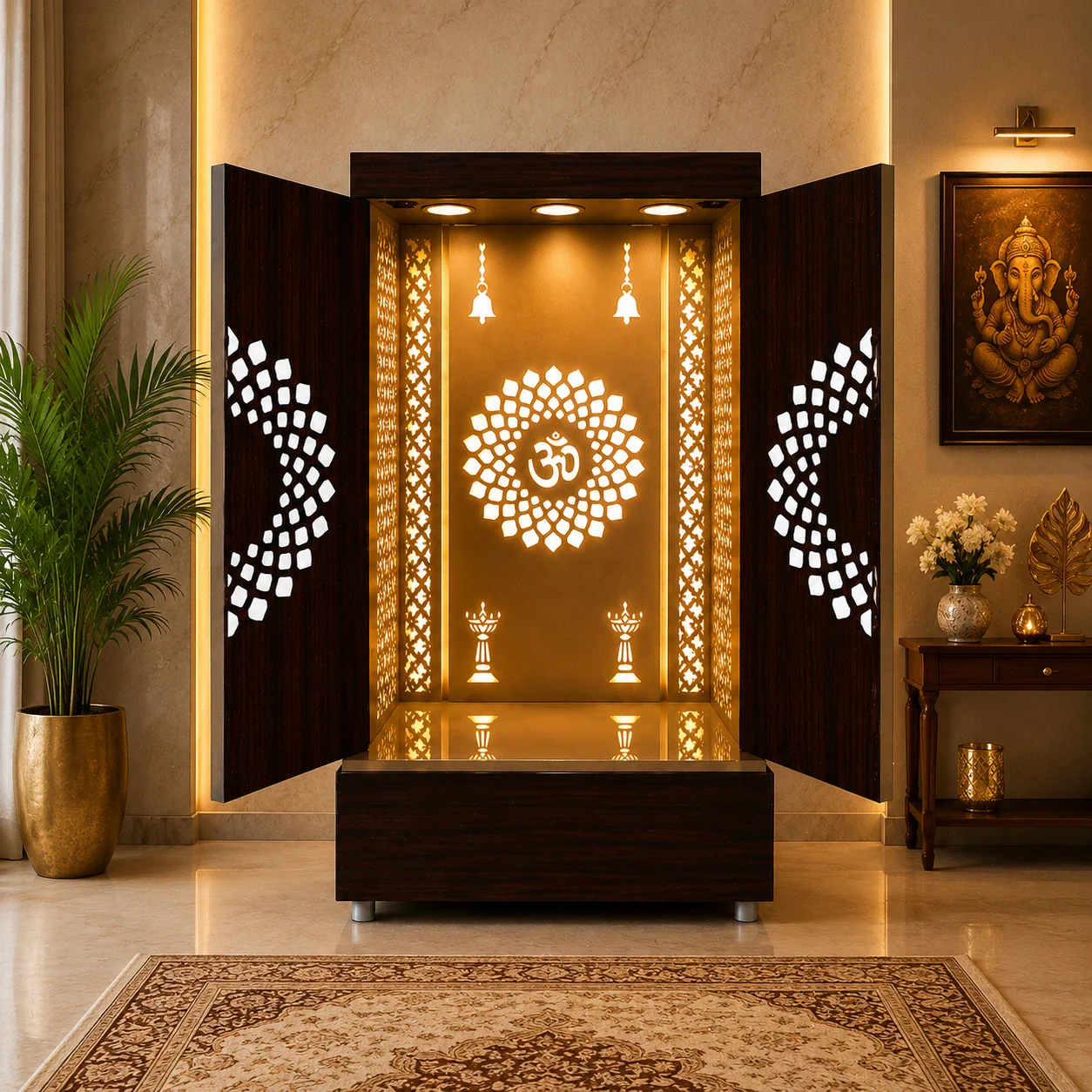 Contemporary Wooden Temple with Illuminated Om and Side Panels - Image 3