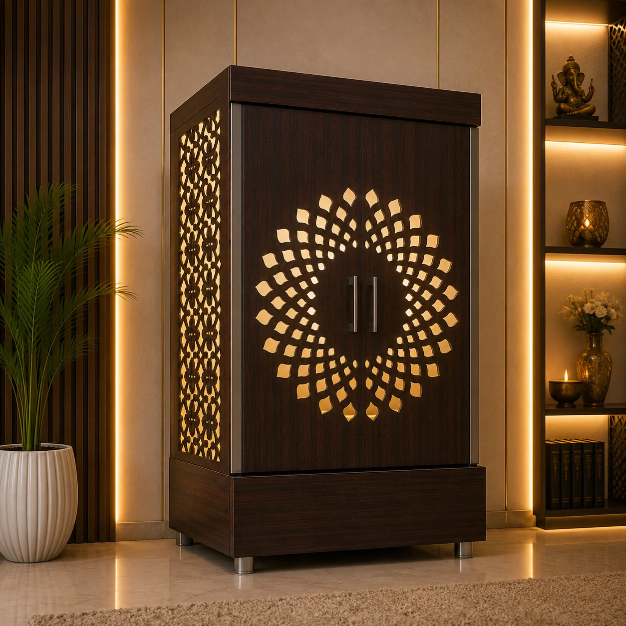 Contemporary Wooden Temple with Illuminated Om and Side Panels - Image 4