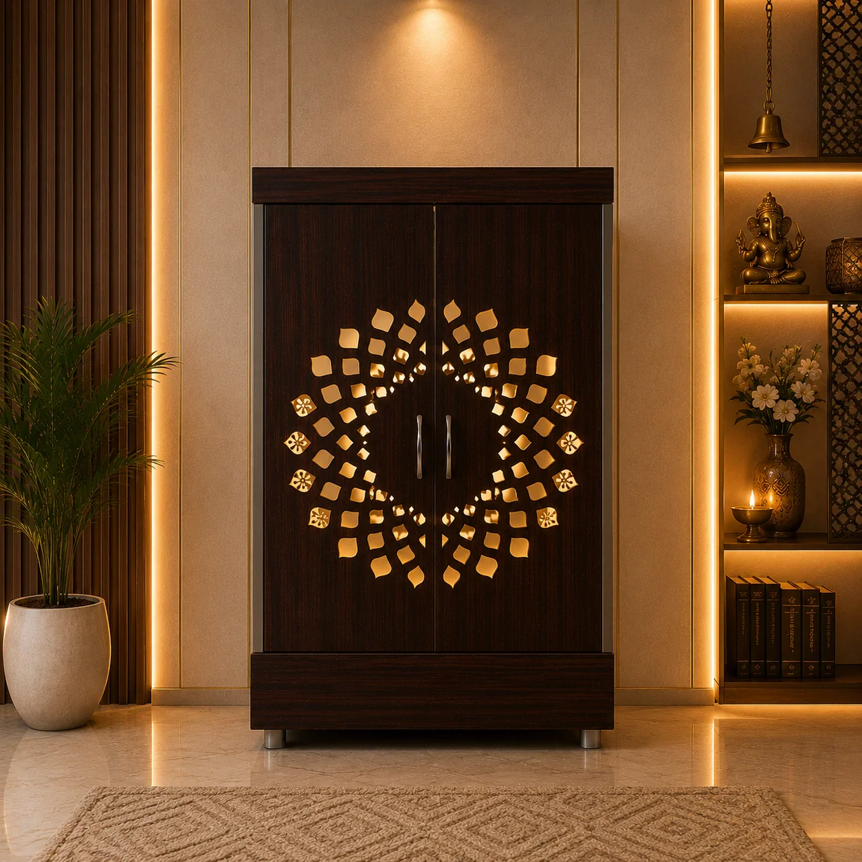 Contemporary Wooden Temple with Illuminated Om and Side Panels - Image 5
