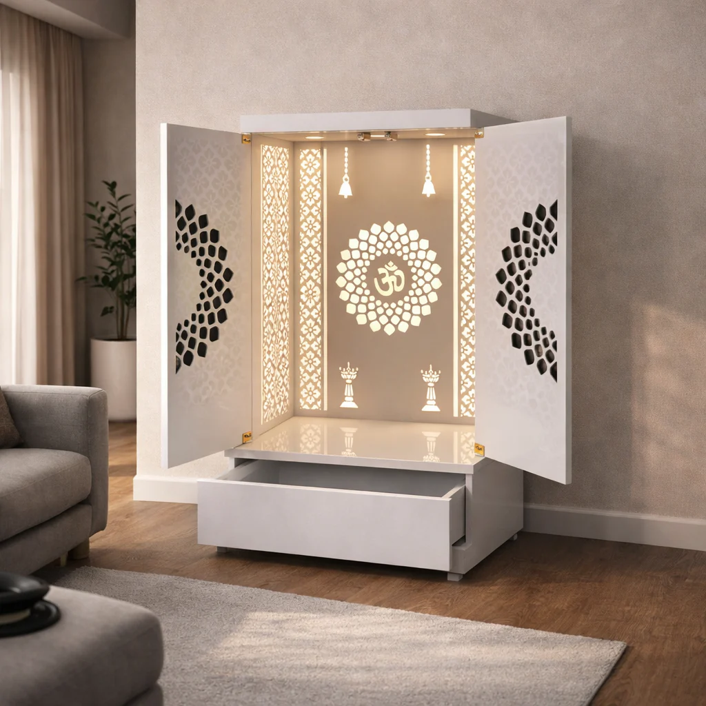 Contemporary Wooden Temple with Illuminated Om and Side Panels - Image 7