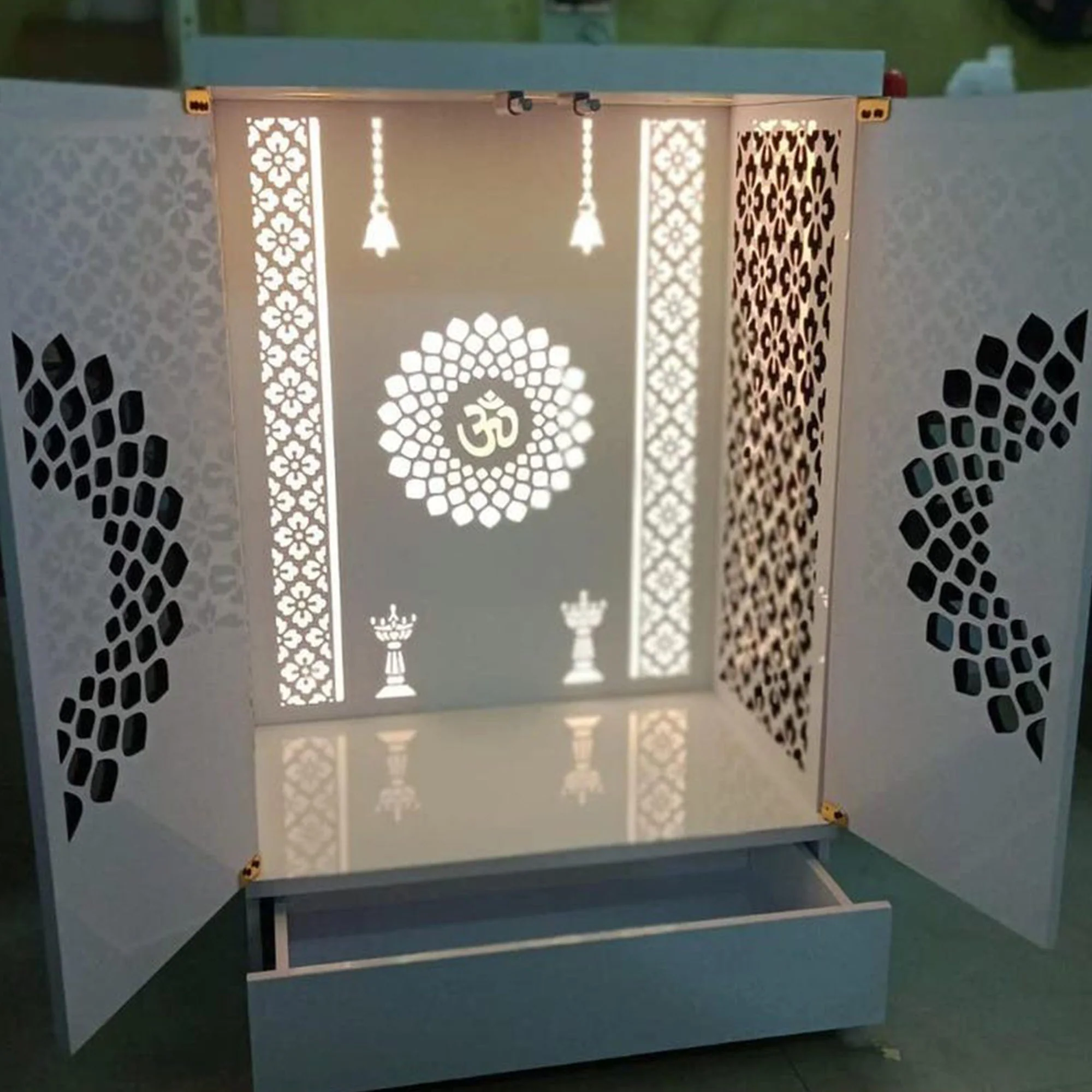 Contemporary Wooden Temple with Illuminated Om and Side Panels - Image 9