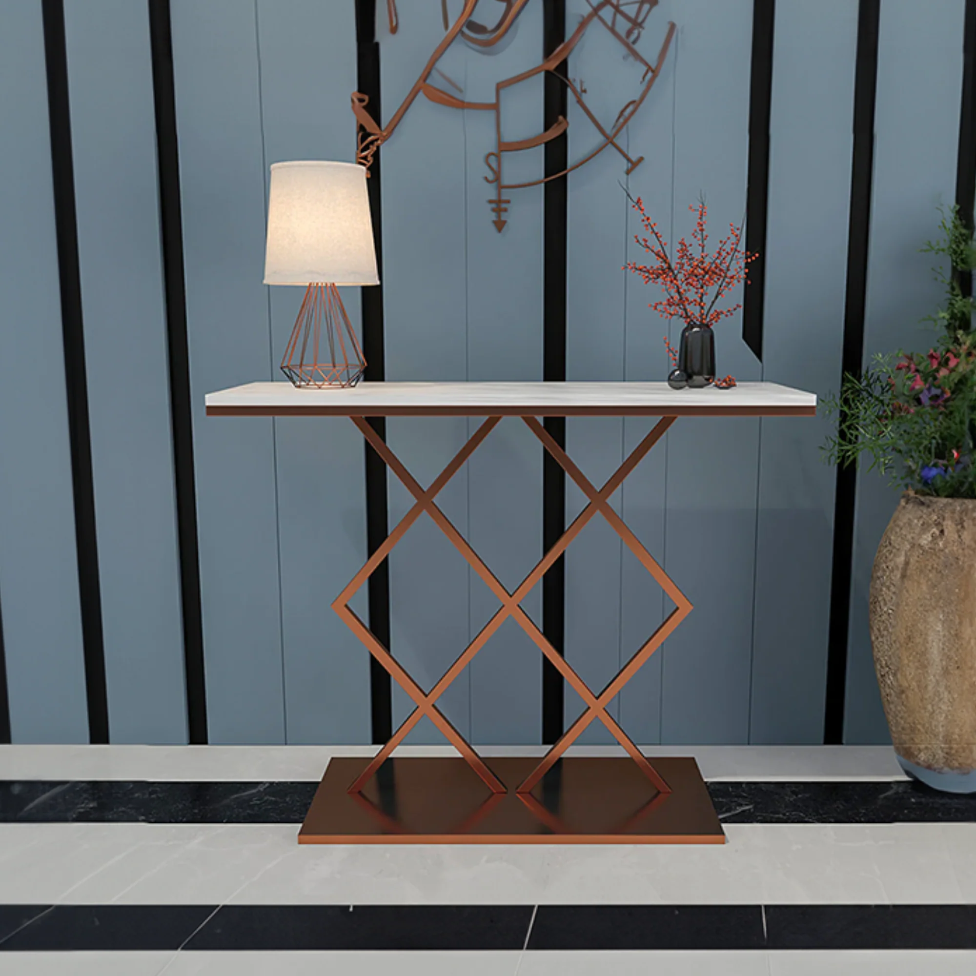 Copper Finish Console Table In Geometric Criss Cross Pattern - Image 2