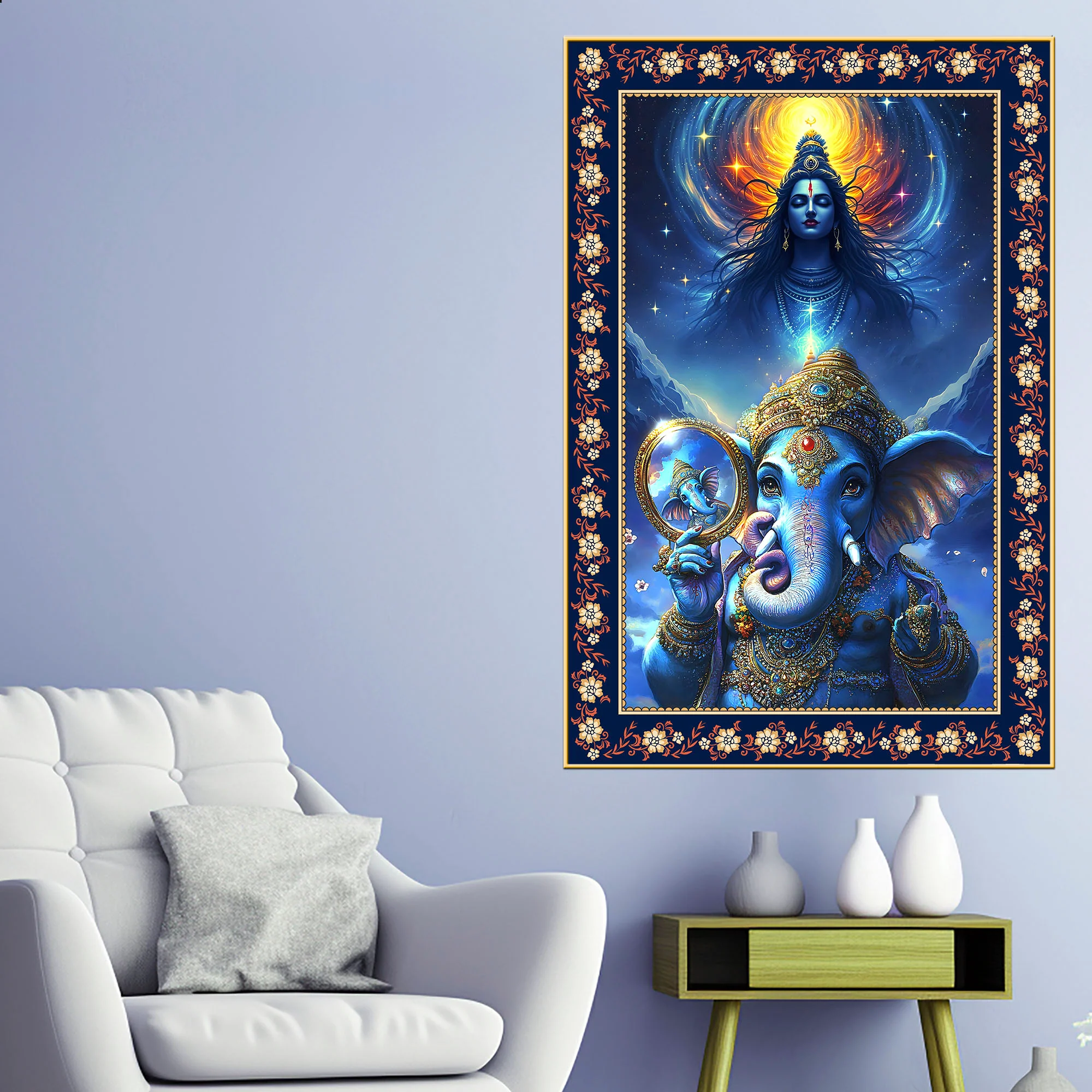 Cosmic Blessings Shiva and Ganesha Floral Border Vertical Wall Painting - Image 2