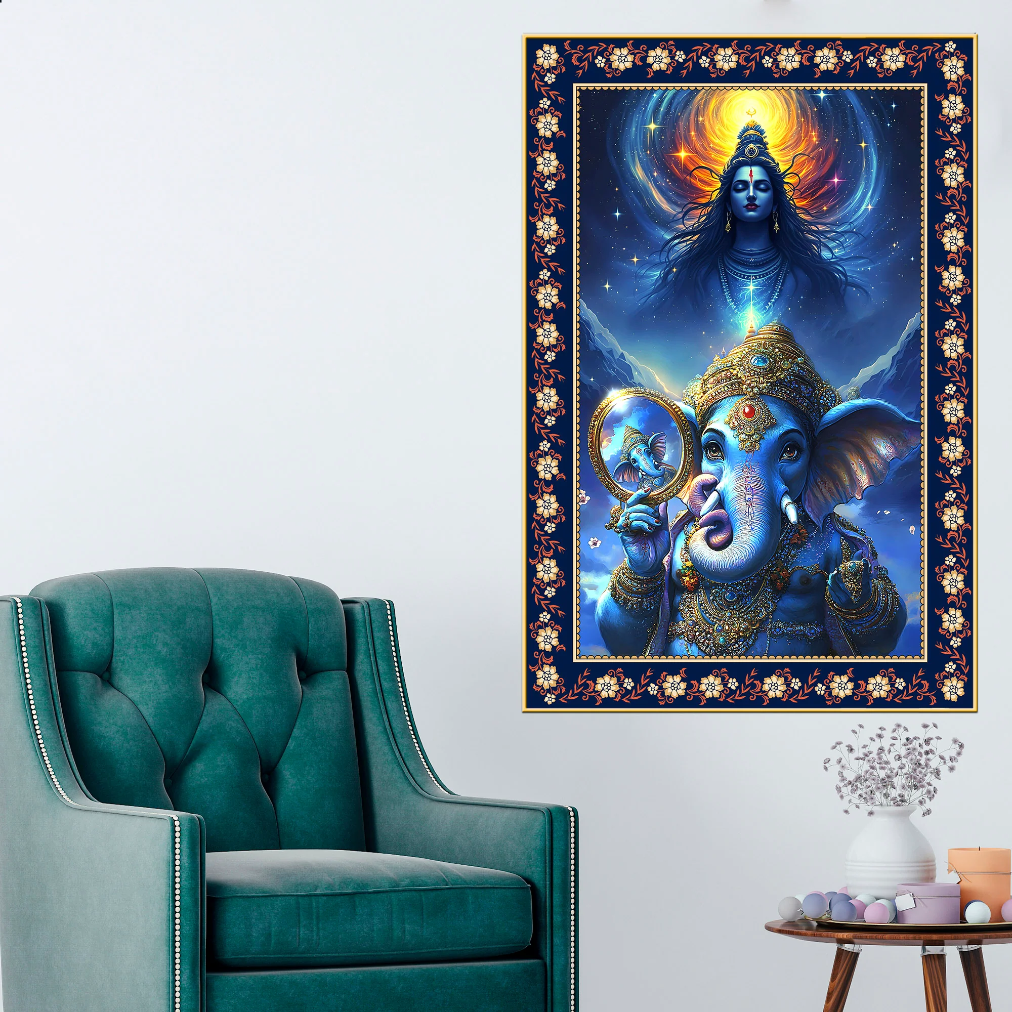 Cosmic Blessings Shiva and Ganesha Floral Border Vertical Wall Painting - Image 3