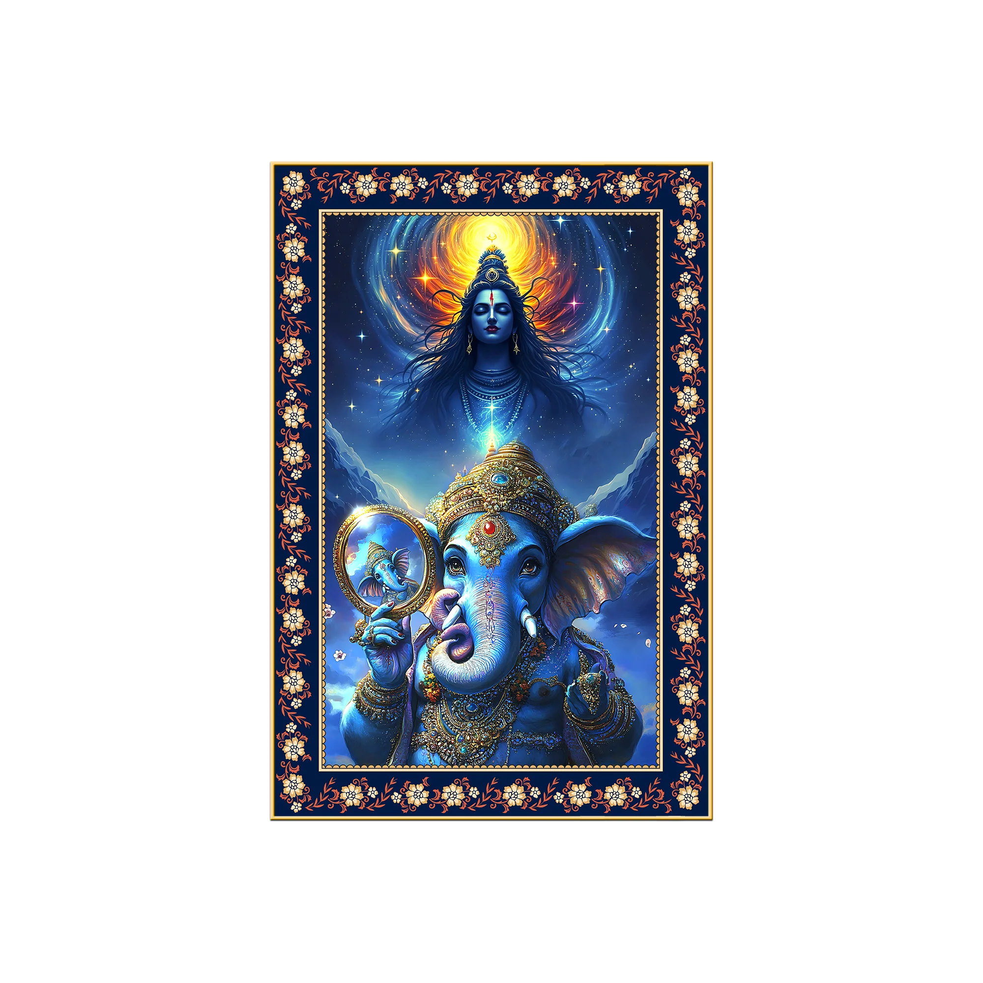 Cosmic Blessings Shiva and Ganesha Floral Border Vertical Wall Painting - Image 4