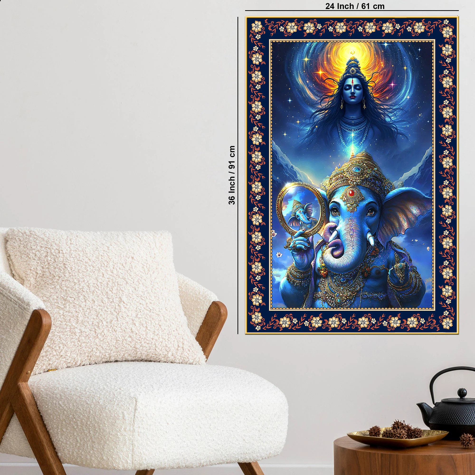 Cosmic Blessings Shiva and Ganesha Floral Border Vertical Wall Painting - Image 6