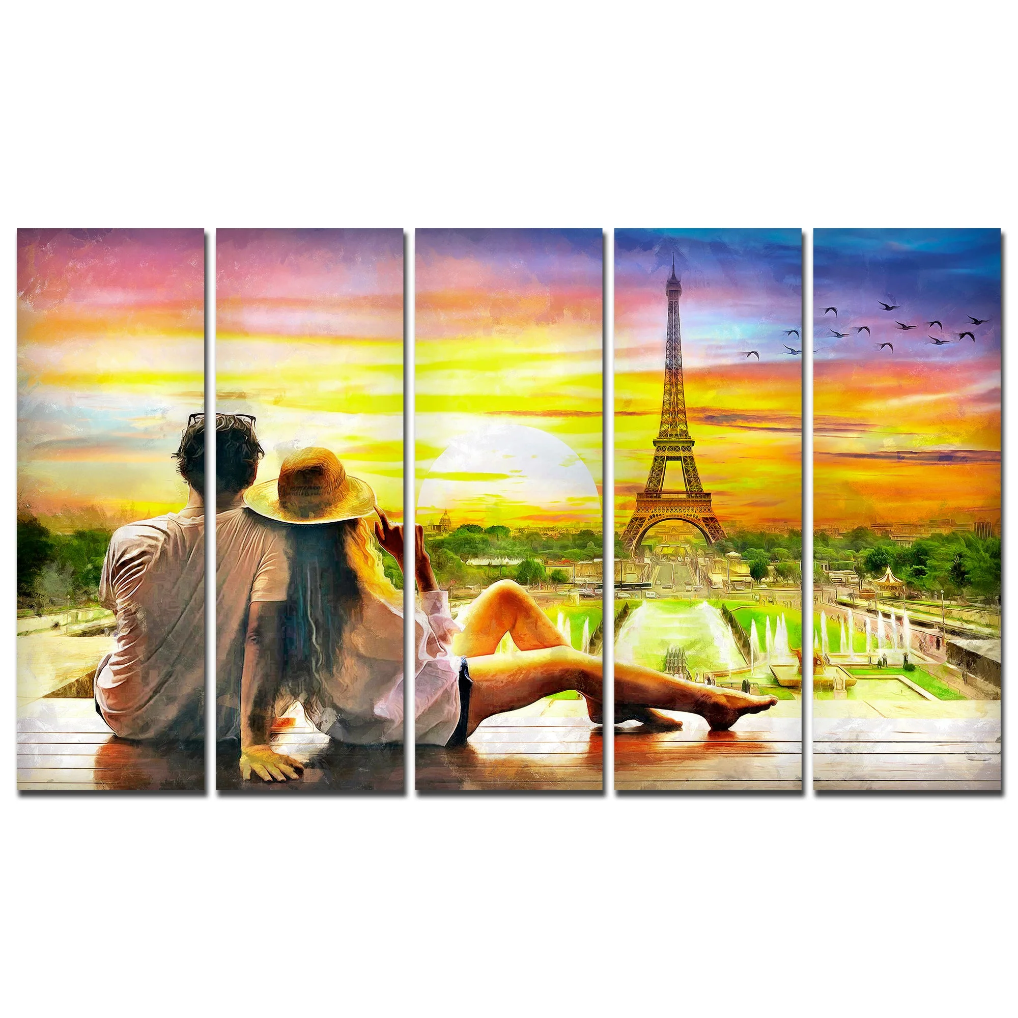Couple Watching Sunset Paris Canvas Wall Painting 5 Pieces - Image 4