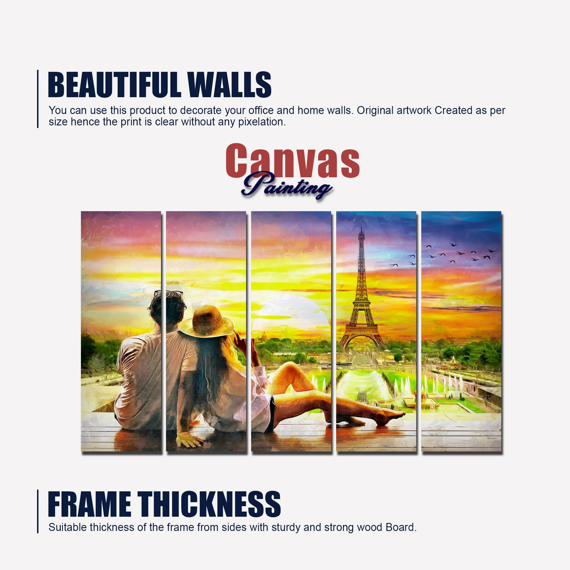 Couple Watching Sunset Paris Canvas Wall Painting 5 Pieces - Image 5