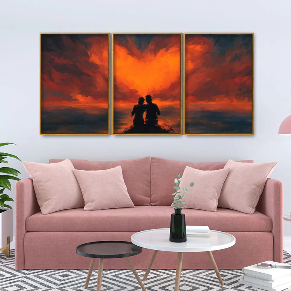 Couple Sitting Under Heart Shaped Clouds Premium Floating Canvas Wall Painting Set of Three - Image 2