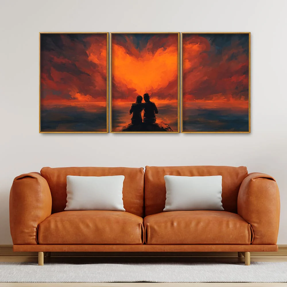 Couple Sitting Under Heart Shaped Clouds Premium Floating Canvas Wall Painting Set of Three - Image 3