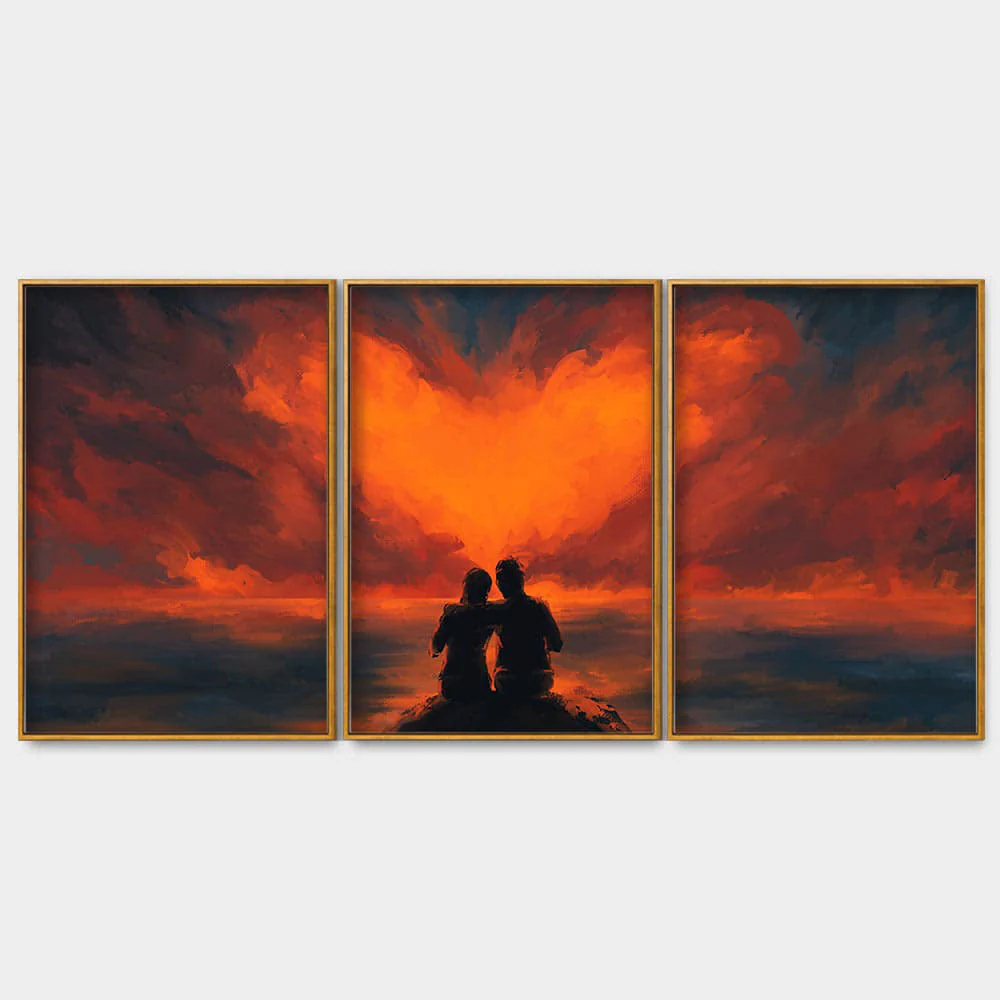 Couple Sitting Under Heart Shaped Clouds Premium Floating Canvas Wall Painting Set of Three - Image 4
