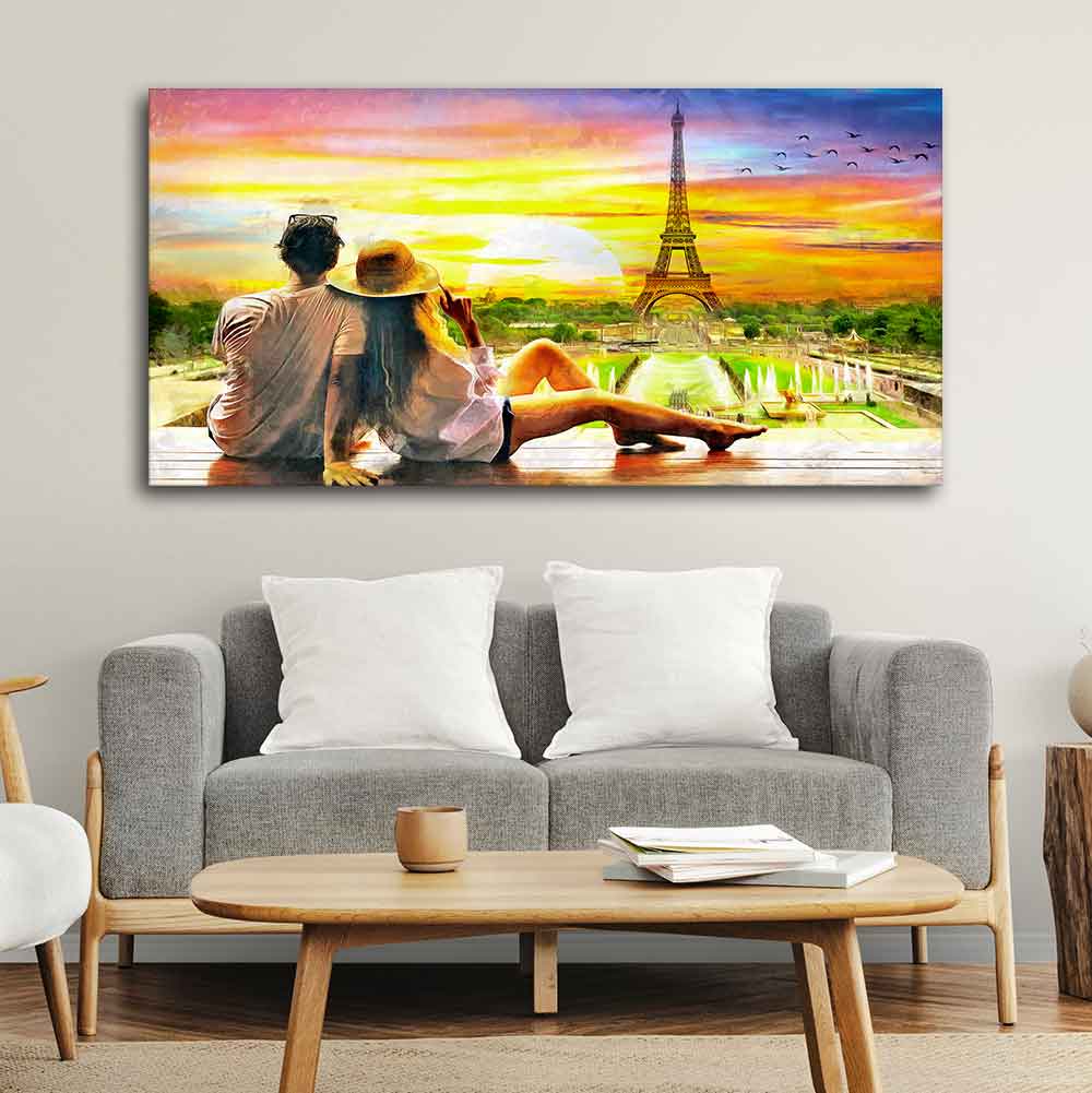 Couple Watching Sunset Paris Canvas Wall Painting - Image 4