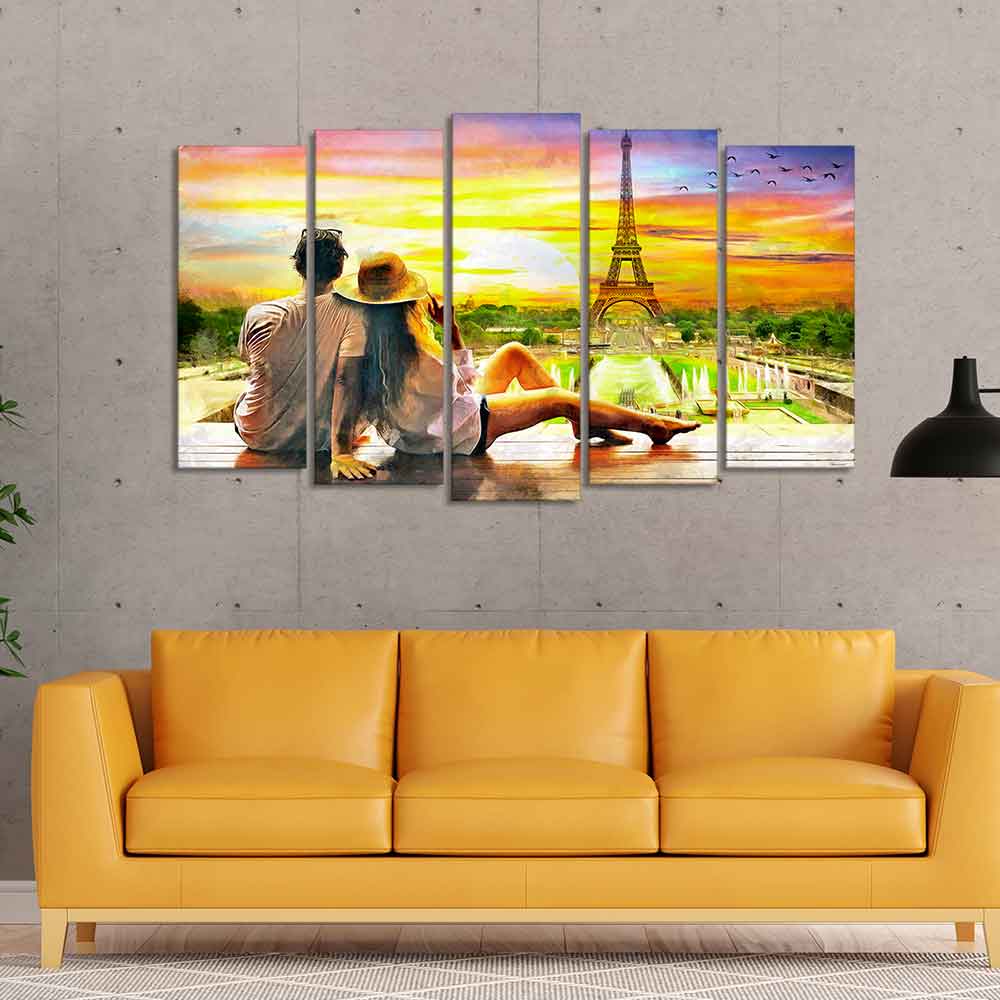 Couple Watching Sunset Paris Canvas Wall Painting of Five Pieces - Image 3