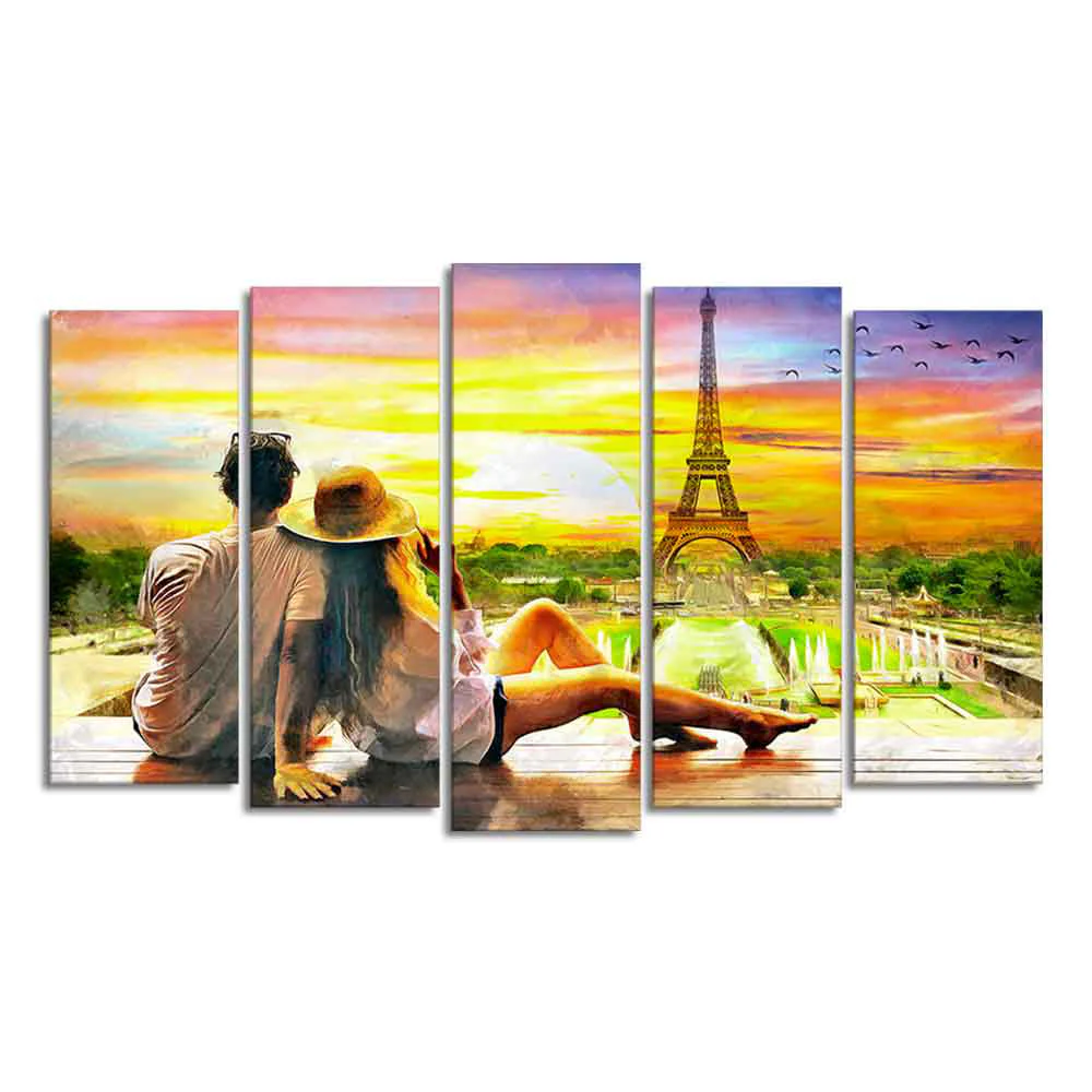 Couple Watching Sunset Paris Canvas Wall Painting of Five Pieces - Image 4