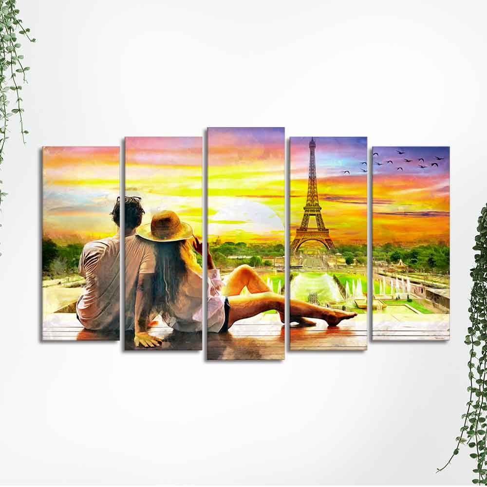 Couple Watching Sunset Paris Canvas Wall Painting of Five Pieces - Image 5