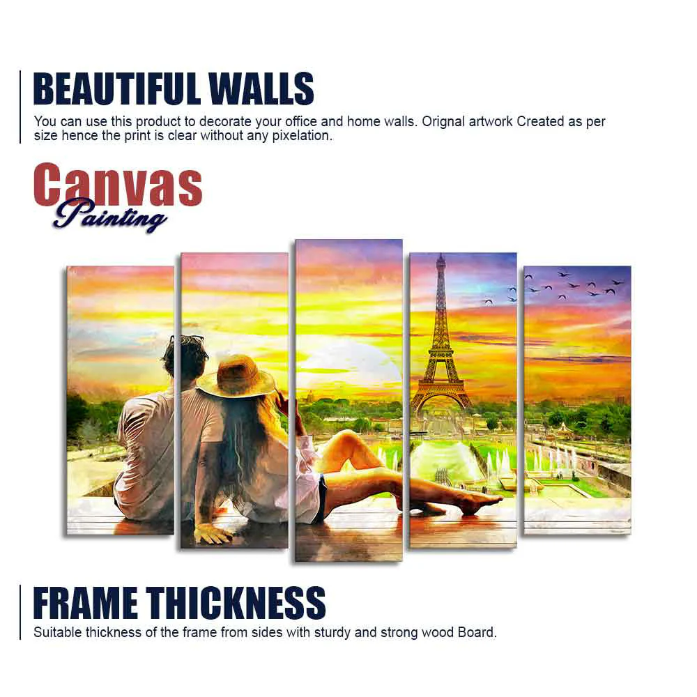 Couple Watching Sunset Paris Canvas Wall Painting of Five Pieces - Image 6