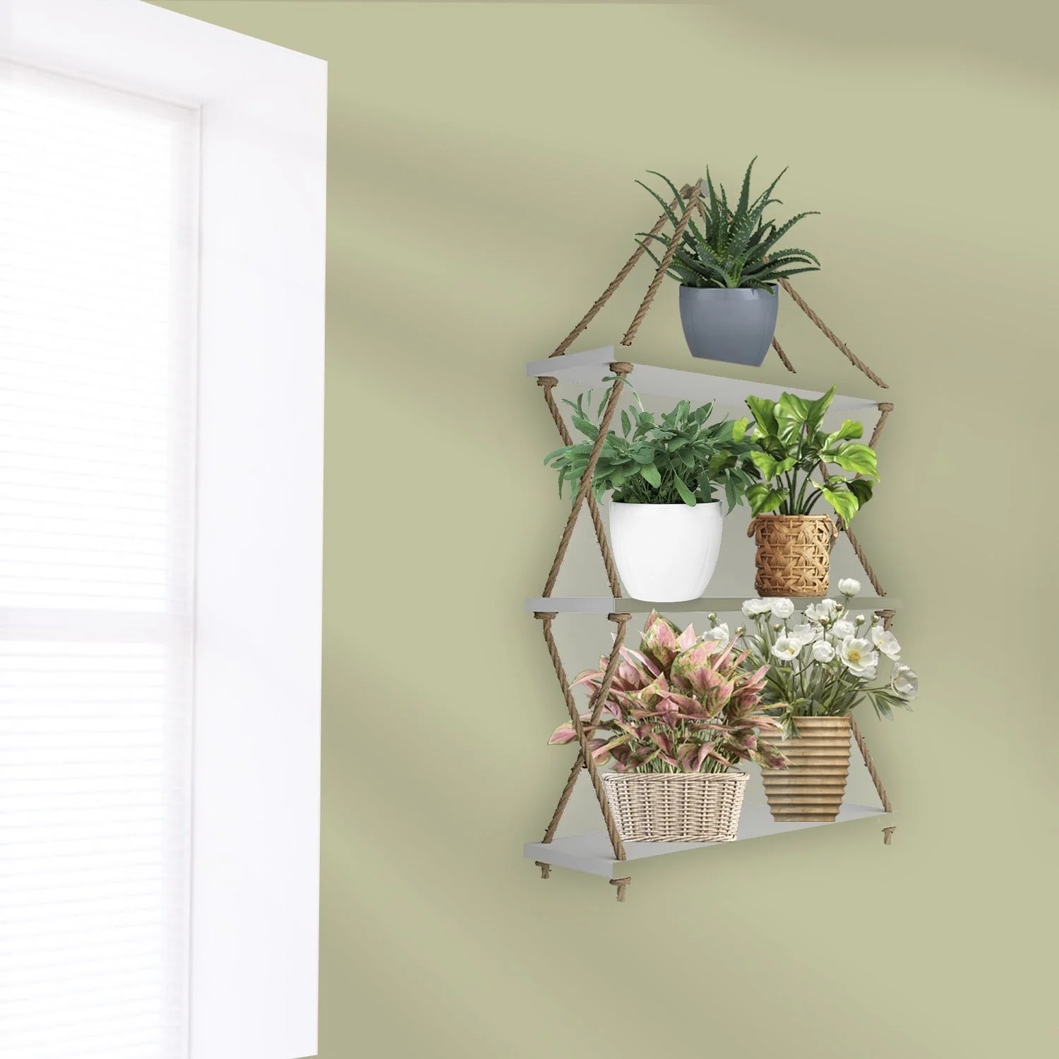 Cross Rope Wooden Wall Hanging Planter Shelf (White Color) - Image 2