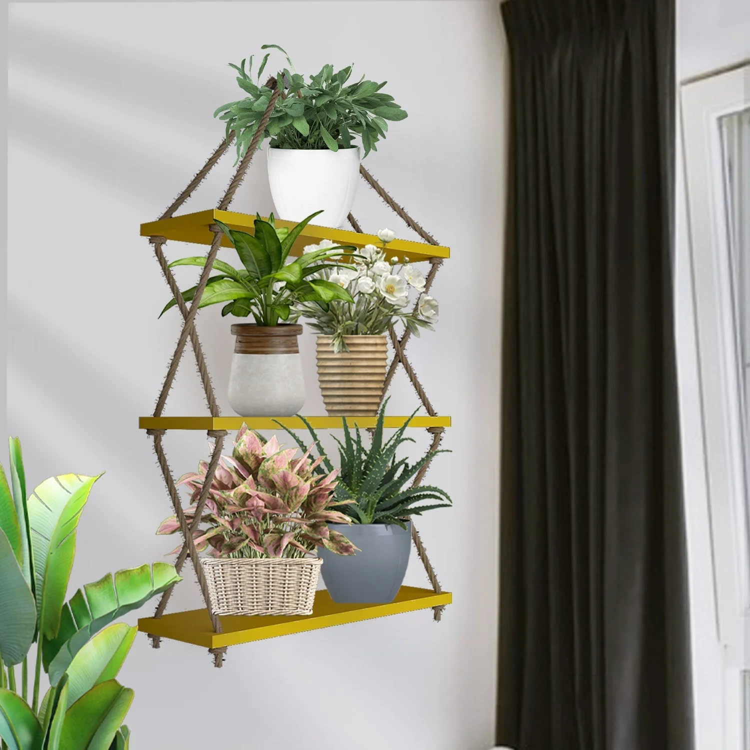 Cross Rope Wooden Wall Hanging Planter Shelf (Yellow Color) - Image 2