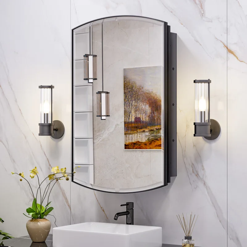 Curved Design Mirror Cabinet with Side Storage Shelves - Image 3