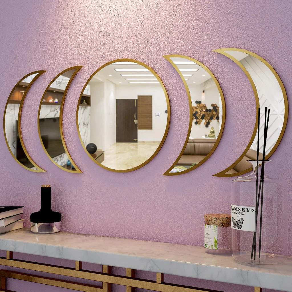 Cycle of Moon Designer Mirrors Set of Five in Golden Finish Frame - Image 4