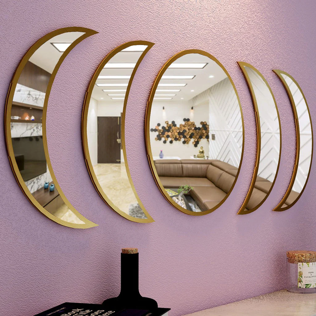 Cycle of Moon Designer Mirrors Set of Five in Golden Finish Frame - Image 5