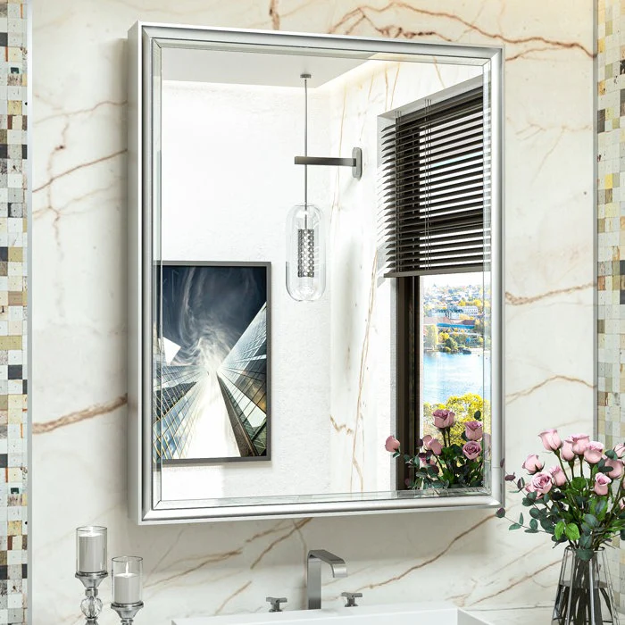 Cyrille Modern Recessed or Surface Mount Silver Mirror Cabinet - Image 5