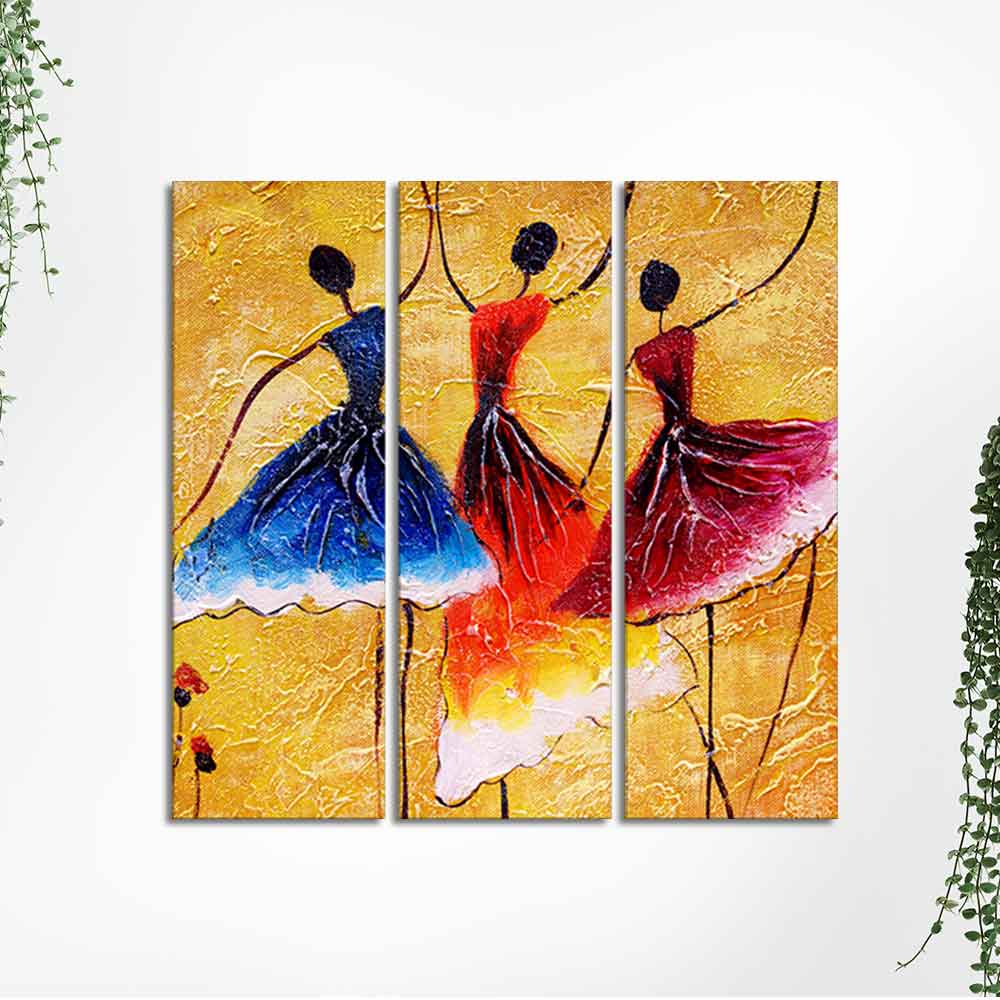 Dancing Women Warli Art Wall Painting Set of 3 Pieces - Image 5