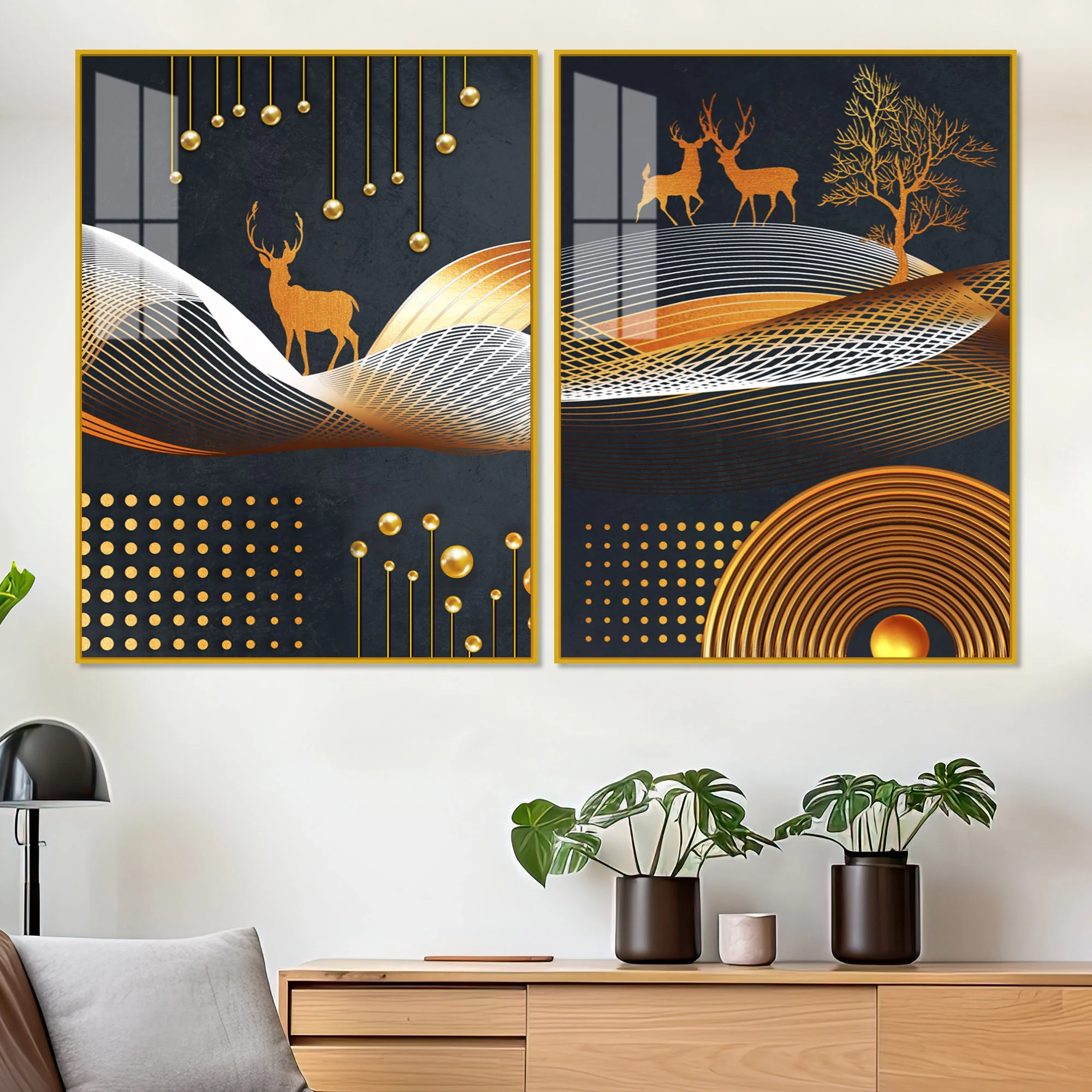 Dark Backgroundnt Golden Deer Classic Acrylic Floating Wall Painting Set of 2 - Image 2