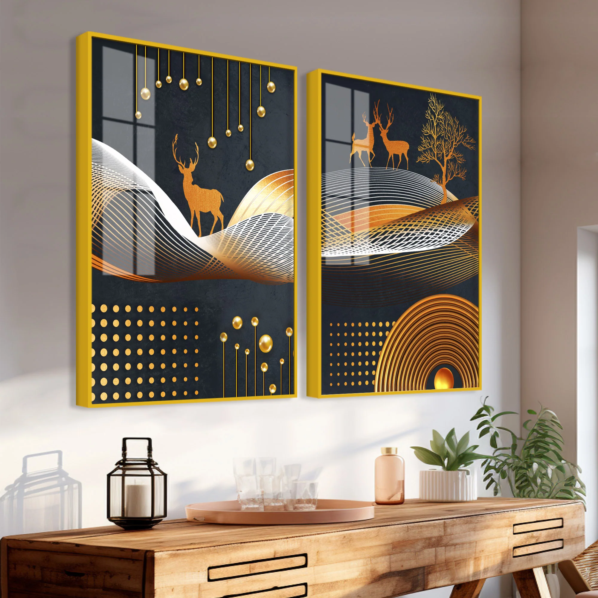 Dark Backgroundnt Golden Deer Classic Acrylic Floating Wall Painting Set of 2 - Image 3