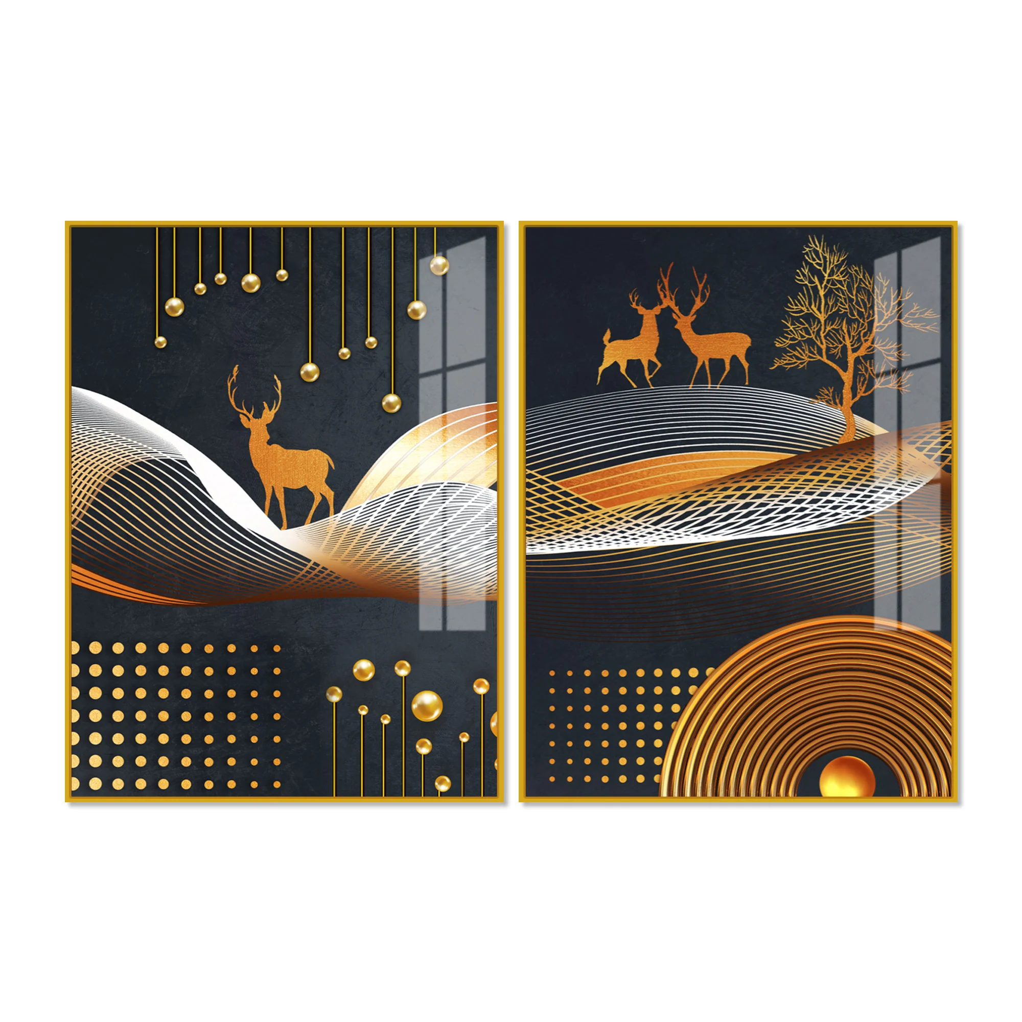 Dark Backgroundnt Golden Deer Classic Acrylic Floating Wall Painting Set of 2 - Image 4