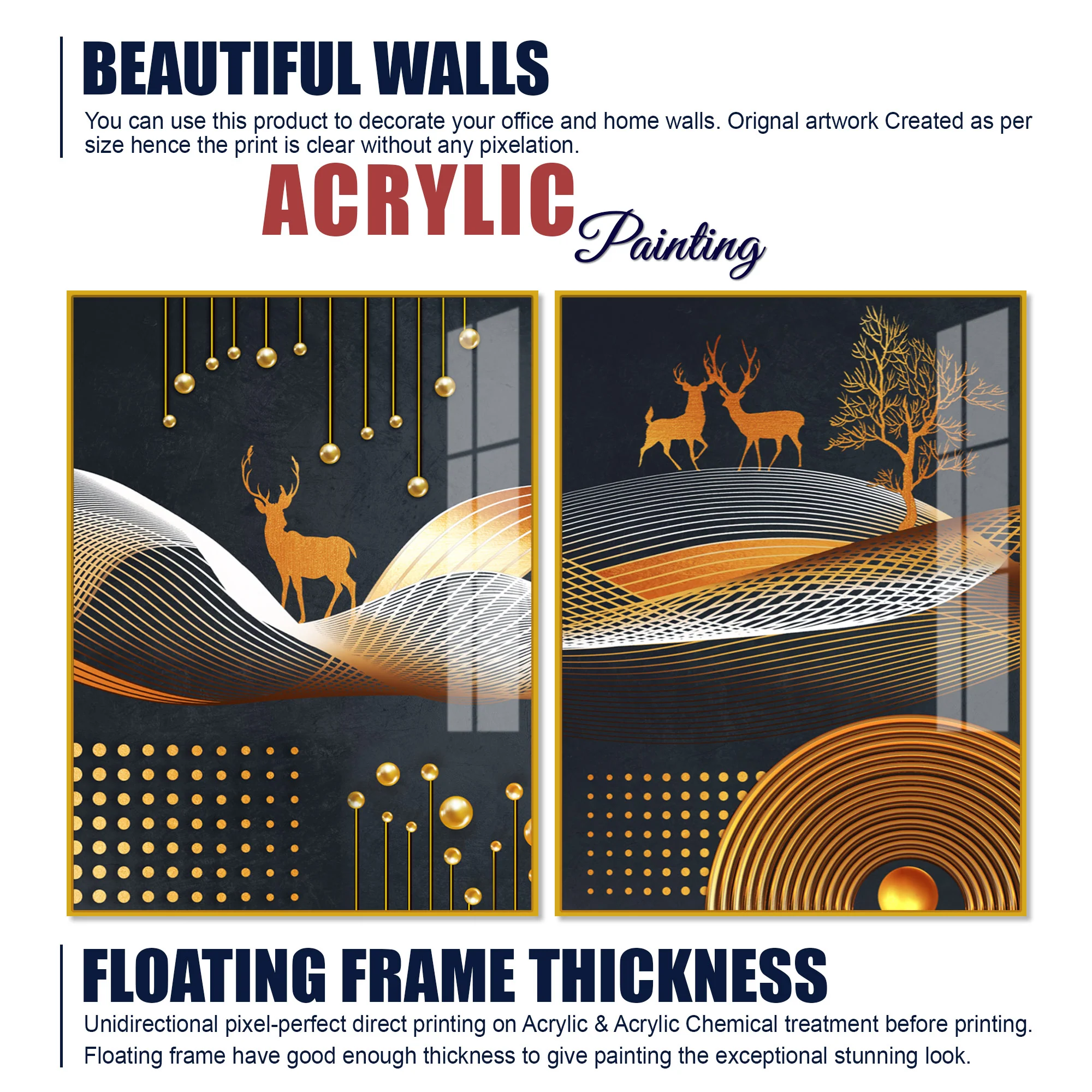 Dark Backgroundnt Golden Deer Classic Acrylic Floating Wall Painting Set of 2 - Image 5