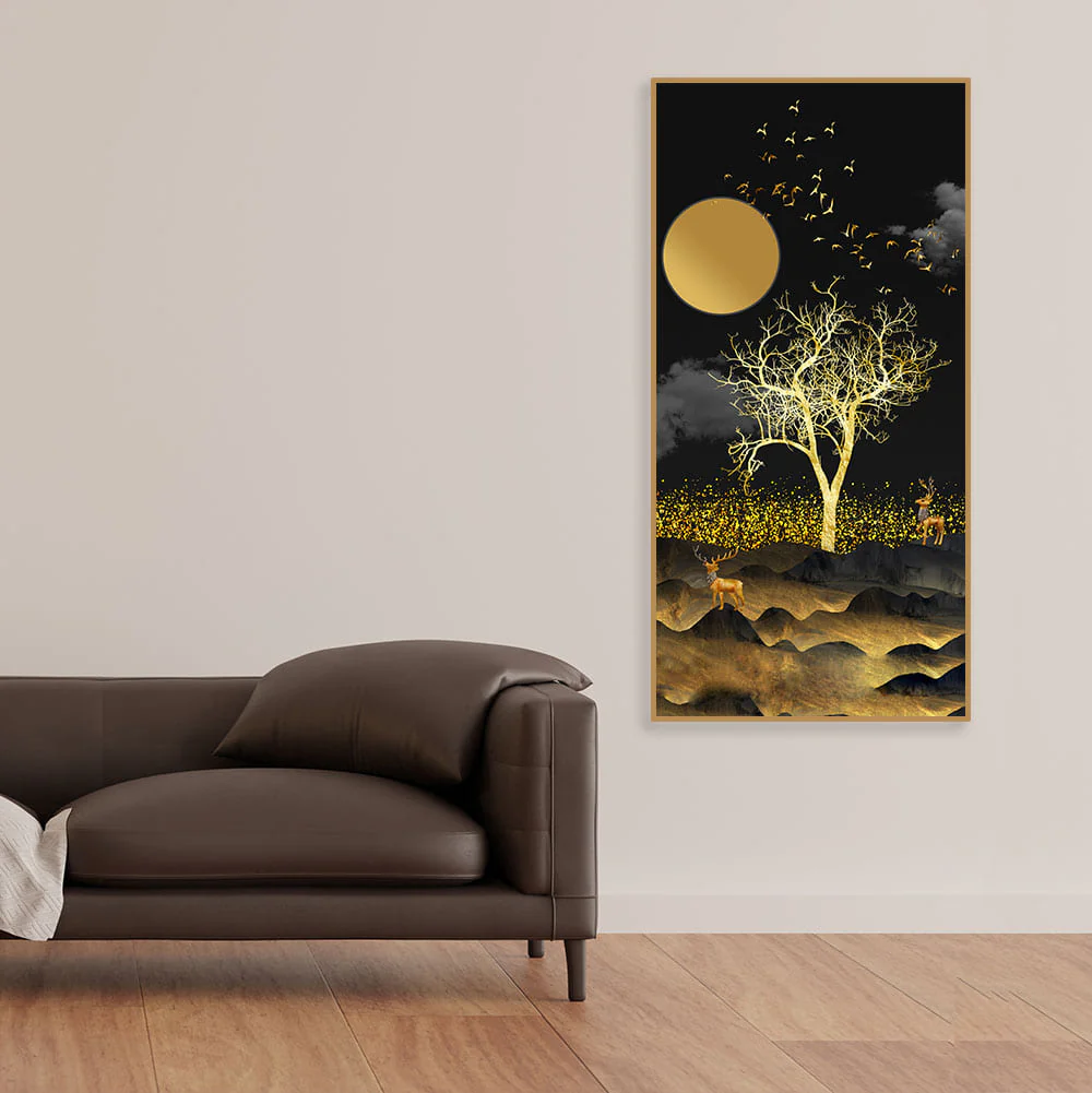 Dark Moon Light with Golden Birds Premium Canvas Wall Painting - Image 3