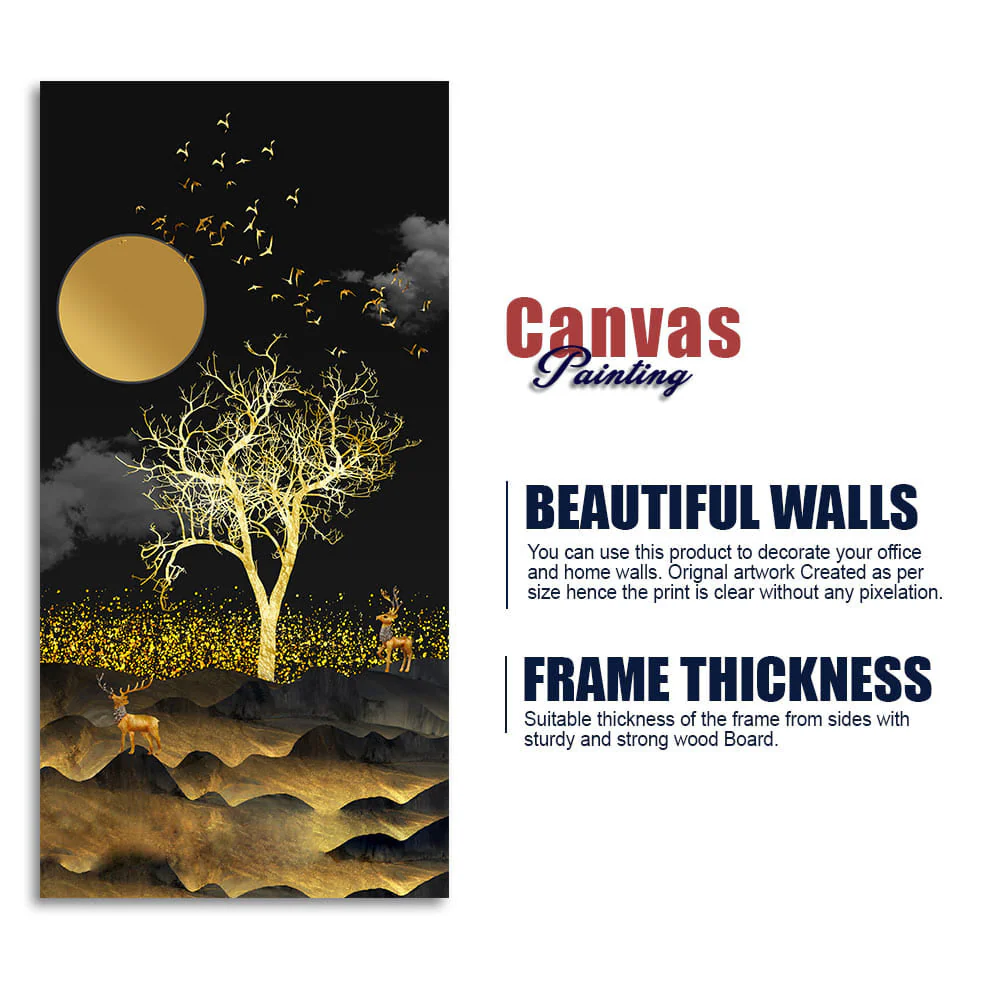 Dark Moon Light with Golden Birds Premium Canvas Wall Painting - Image 6
