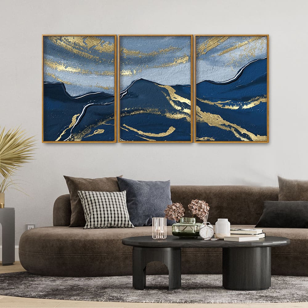 Dark Mountains and Golden Sky Premium Floating Canvas Wall Painting Set of Three - Image 2