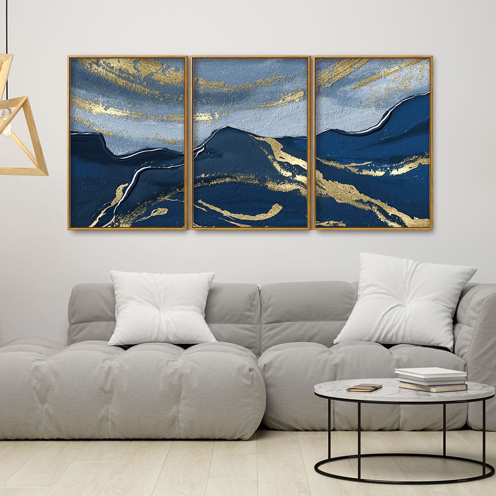 Dark Mountains and Golden Sky Premium Floating Canvas Wall Painting Set of Three - Image 3