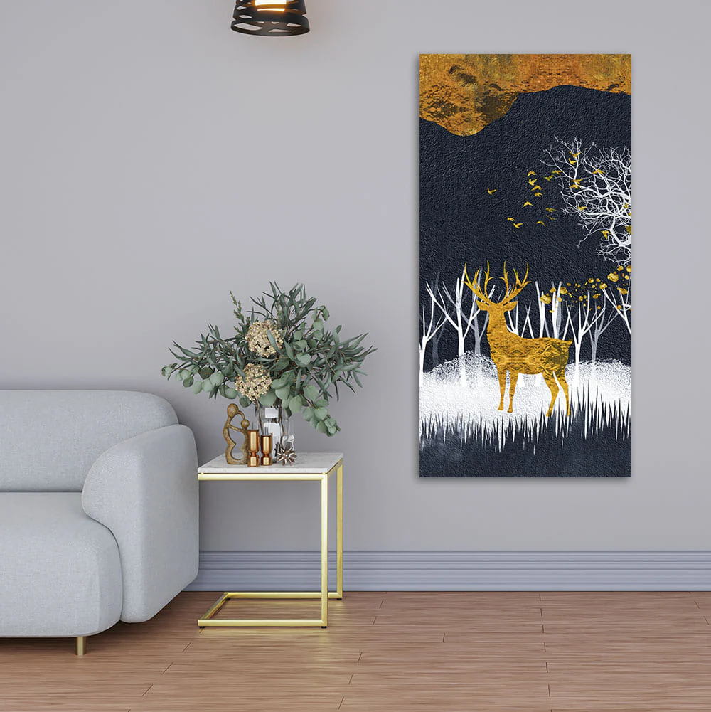 Dark Night Golden Deer with Birds Premium Canvas Wall Painting - Image 2