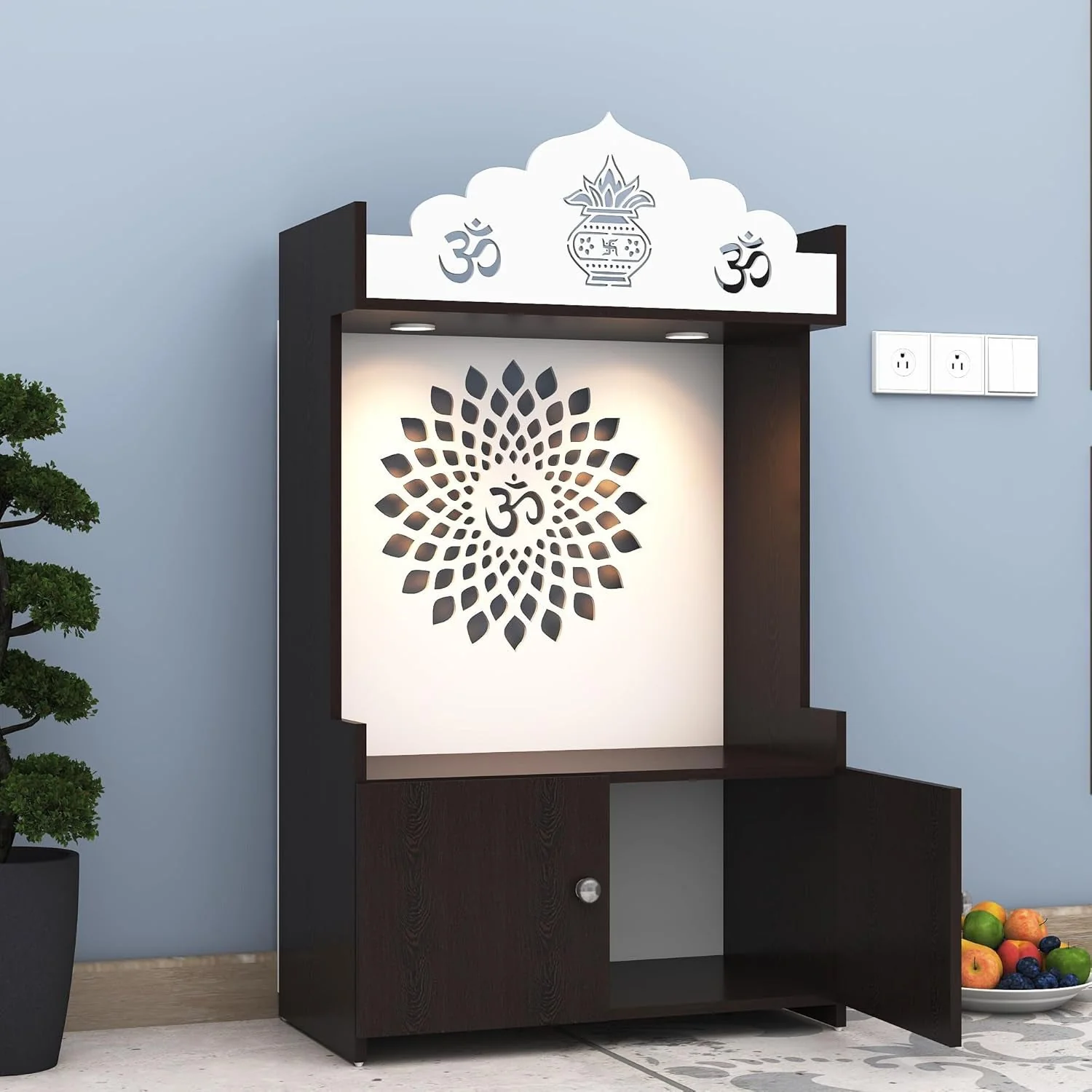 Dark Wooden Floor Pooja Mandir with Kalash & Om Top Design Lotus Pattern Back Panel Storage Cabinet - Image 6