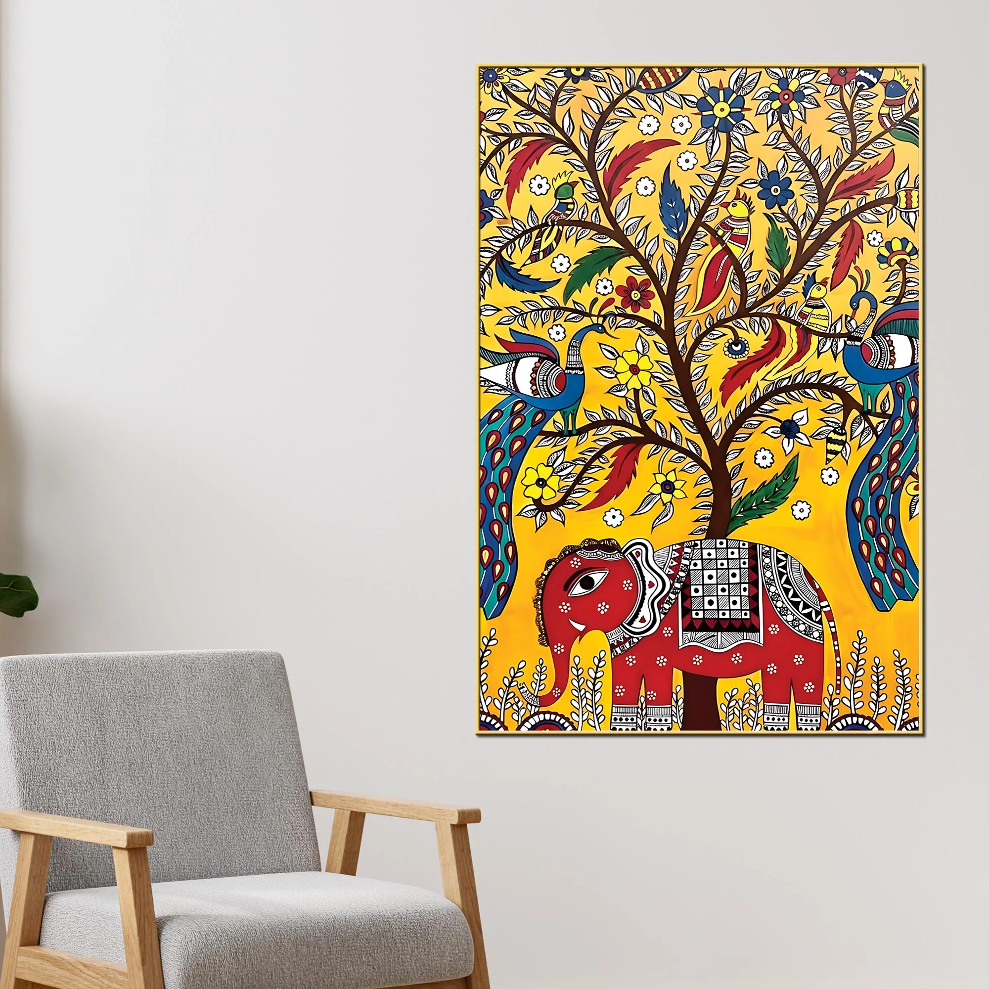 Decorative Elephant & Birds Art Canvas Wall Painting | Traditional Indian Wall Art - Image 2