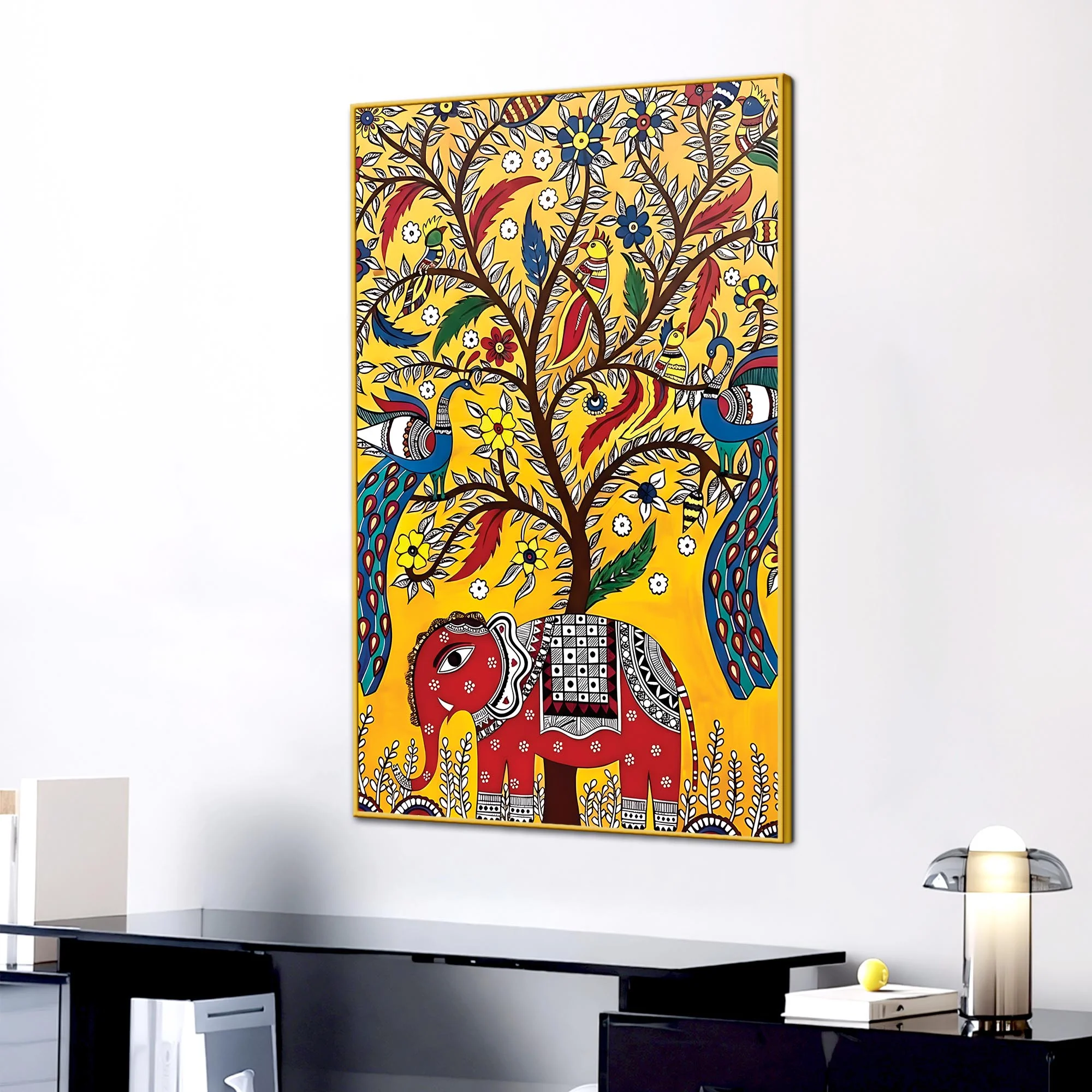 Decorative Elephant & Birds Art Canvas Wall Painting | Traditional Indian Wall Art - Image 3
