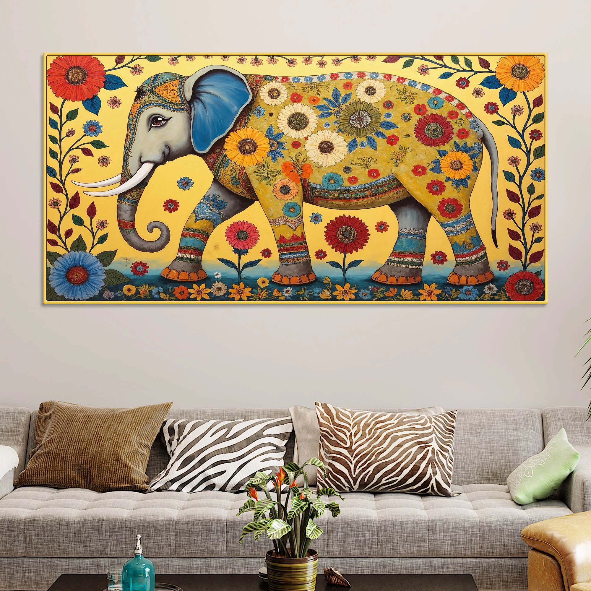 Decorative Madhubani Elephant Floral Canvas Wall Painting - Image 2